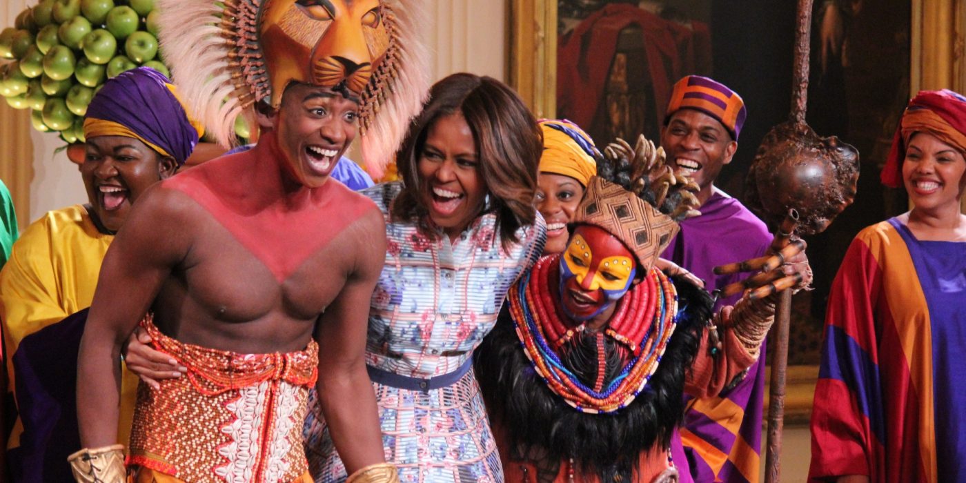 First lady Michelle Obama joins the cast of “The Lion King” as it performed at the Kids’ State Dinner at the White House. They songs they performed included “The Circle of Life.”  